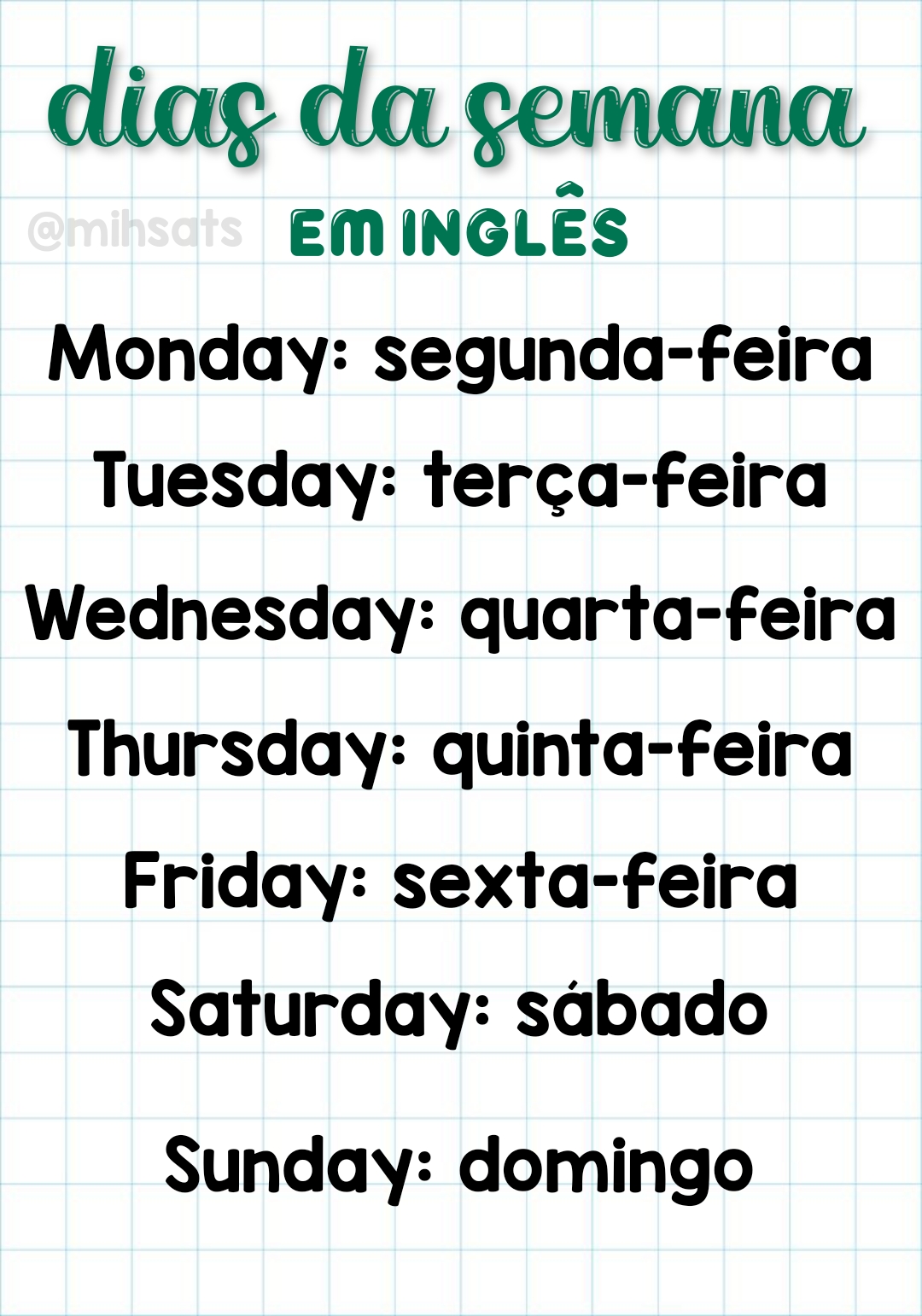 Dias da Semana em Ingles com tradução Português 
