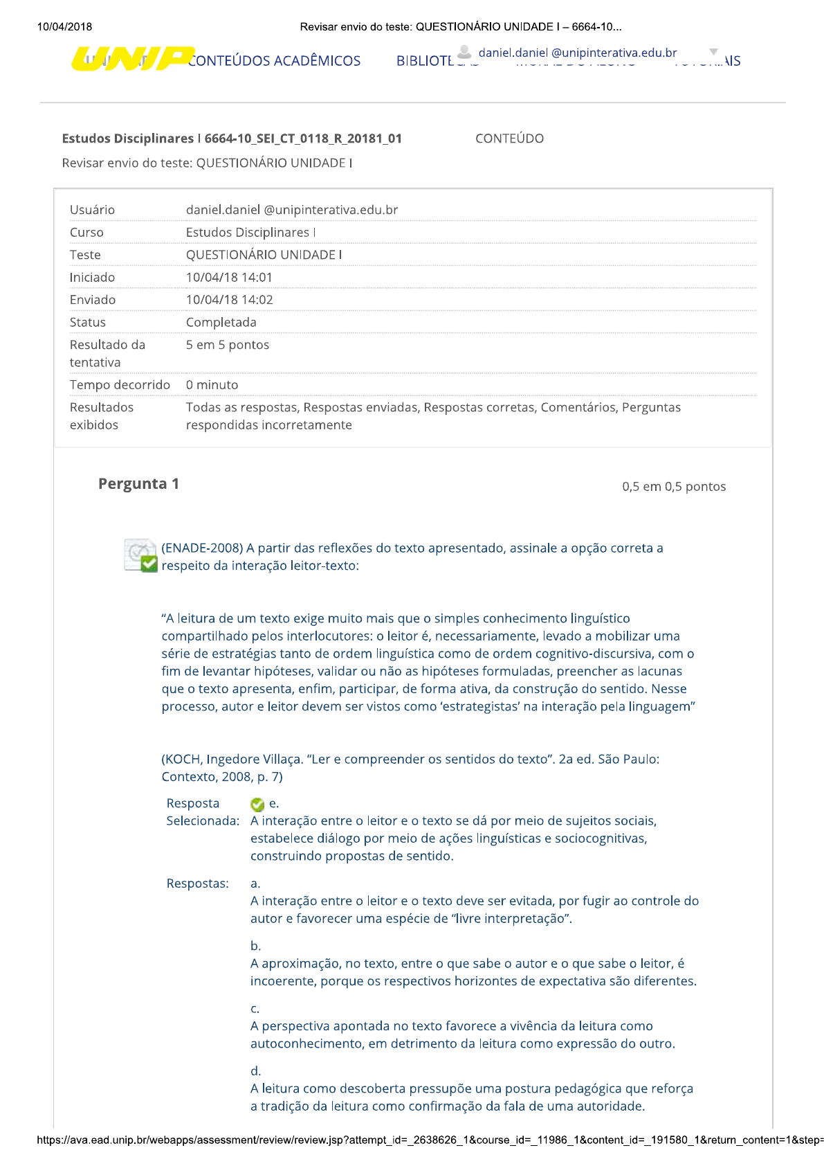 Resposta Do Questionário Estudos Disciplinares Unip 2022 - EDUBRAINAZ