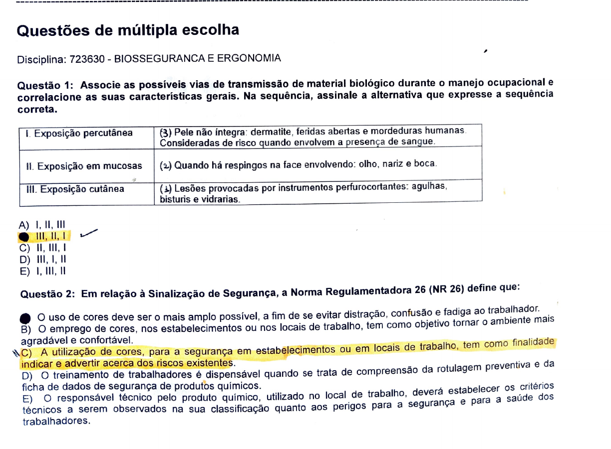 BIOSSEGURANÇA E ERGONOMIA prova presencial semestre Biossegurança e Ergonomia