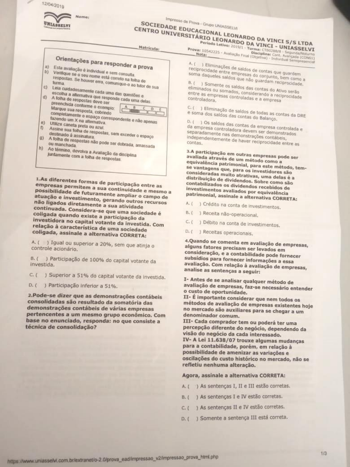 Prova Contabilidade Avançada Contabilidade Avançada