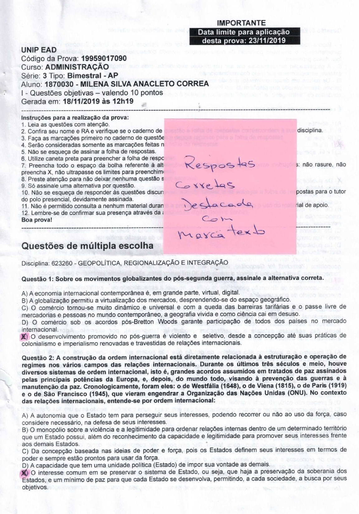 Prova Unip Geopolitica Regionaliza O E Intregra O Curso Administra O