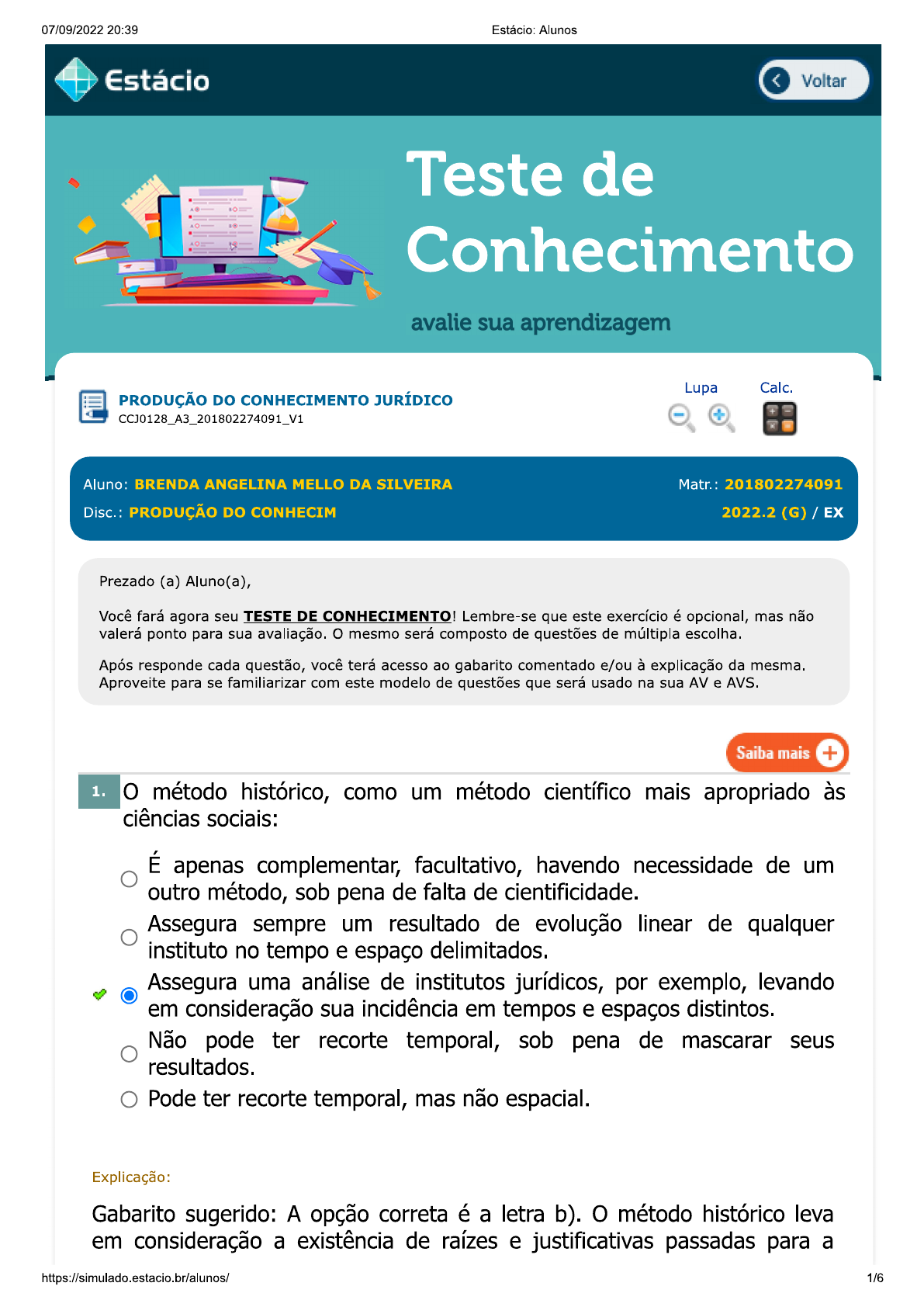 TESTE DE CONHECIMENTO 03 - Produção do Conhecimento