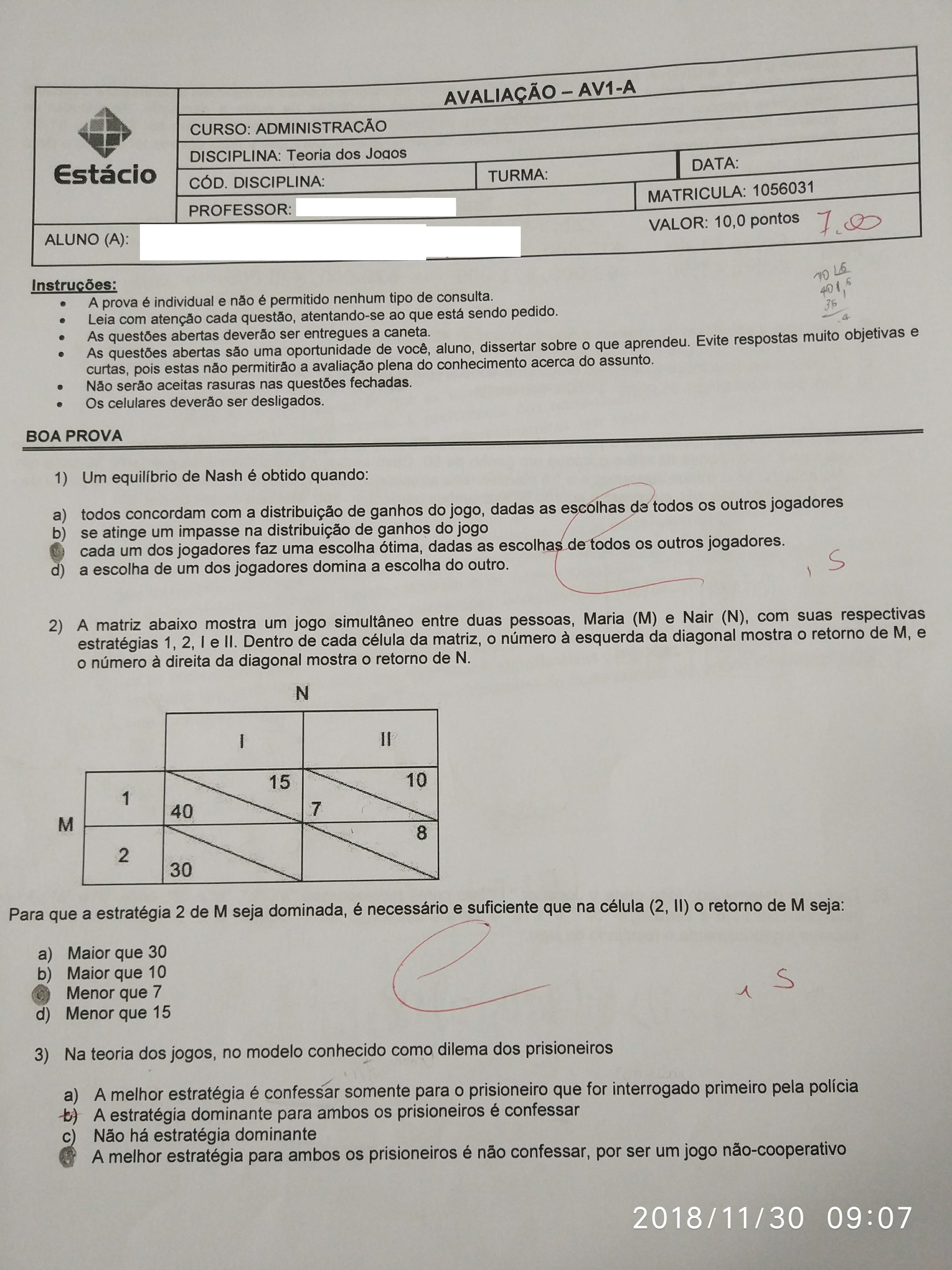 TEORIA DOS JOGOS 2ª Prova 1º Semestre 2021 VERÃO FINAL 02 (SEM RESPOSTAS)  15 06 - Fundamentos da Economia