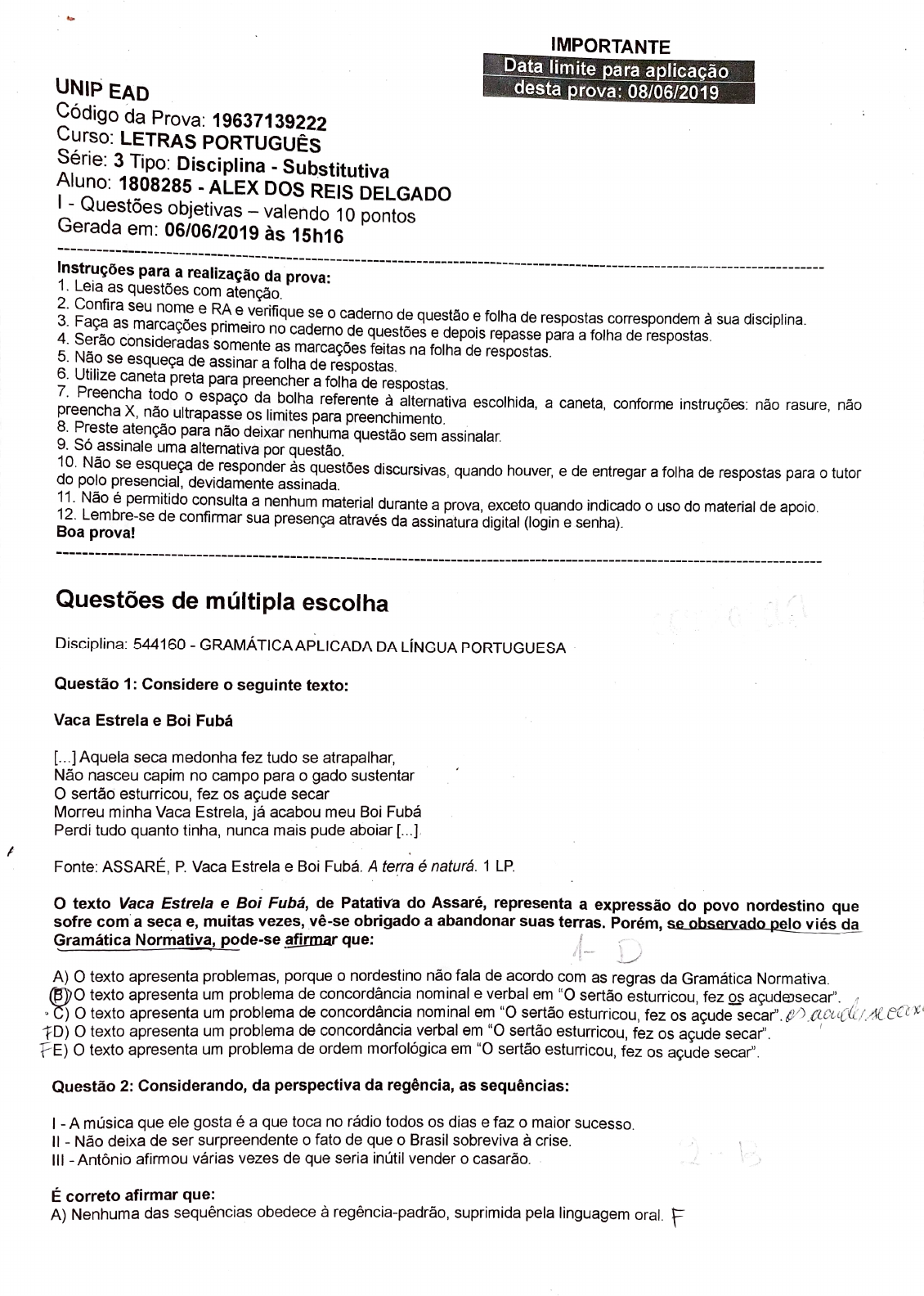 prova gramática aplicada da língua portuguesa - Letras