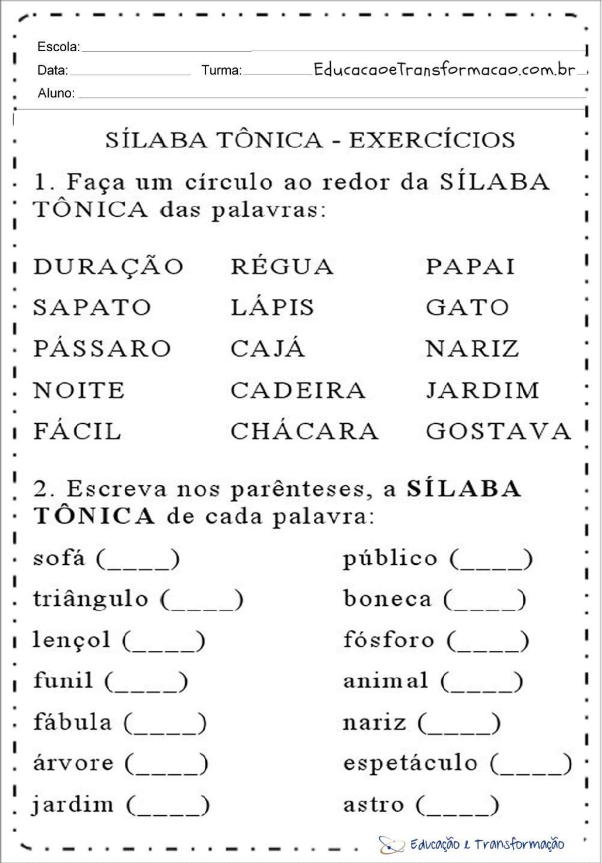 Atividades Silaba Tonica Portugu S