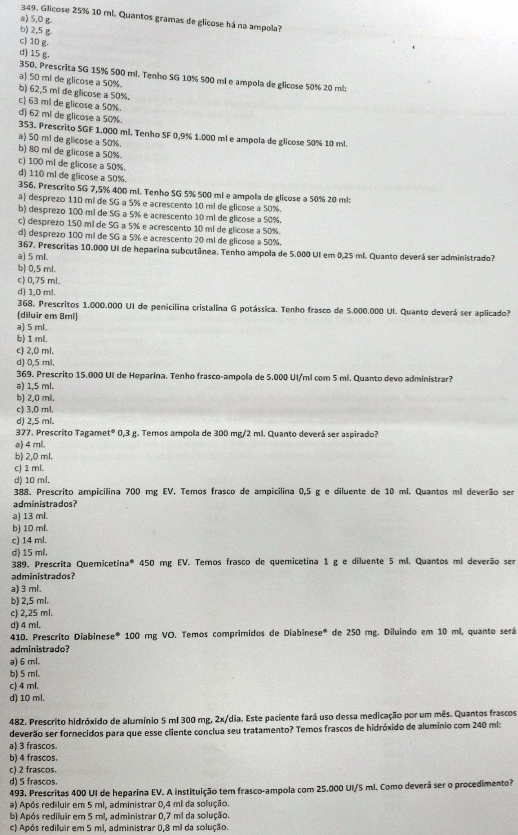 EXERCÍCIOS DE CALCULO DE MEDICAÇÃO + GABARITO - Enfermagem