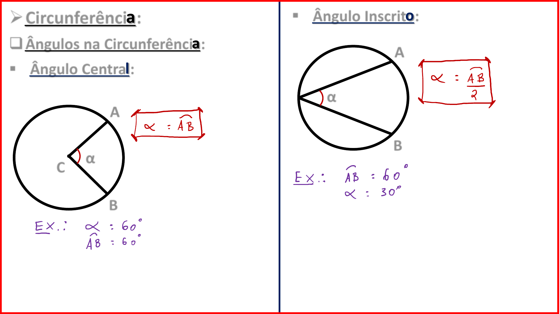 ÂNGULO CENTRAL E INSCRITO, ÂNGULOS NA CIRCUNFERÊNCIA