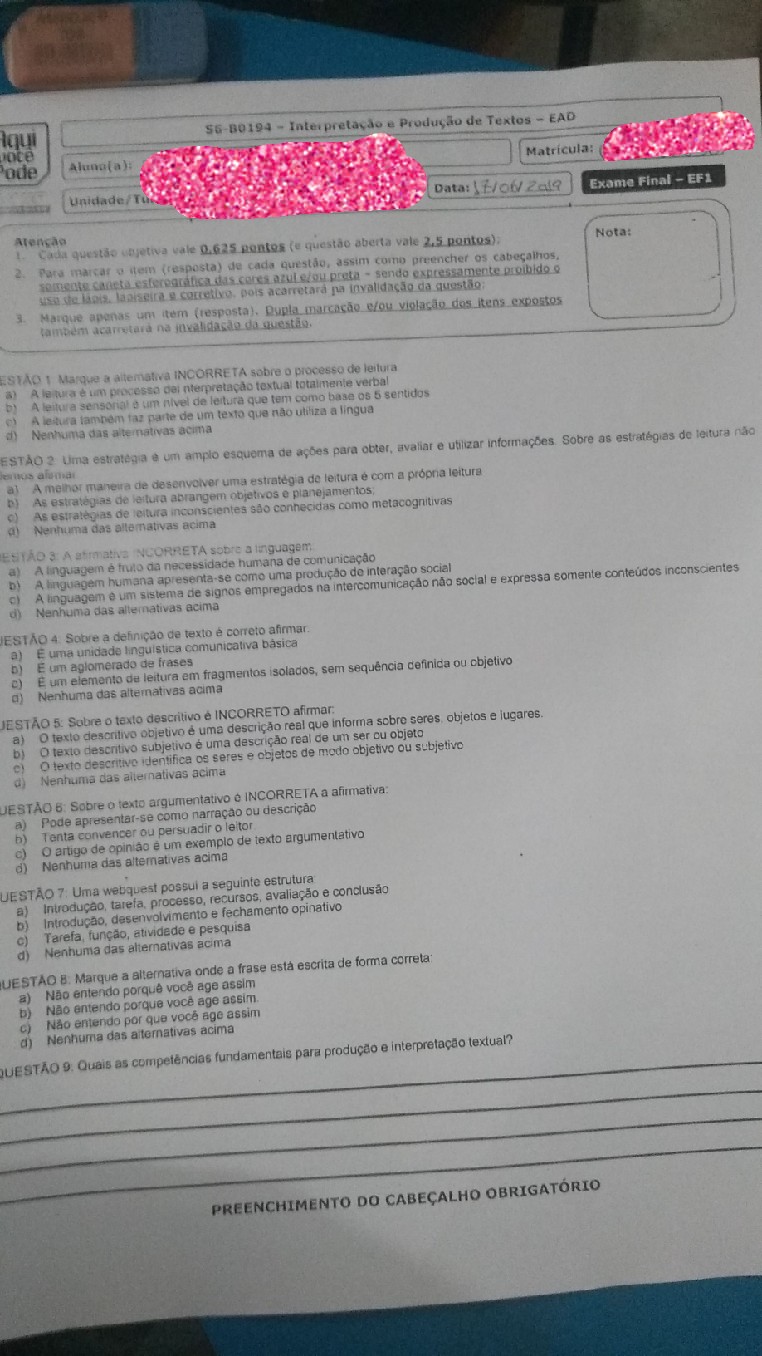 prova de recuperação- Unip - Interpretação e Produção de Textos