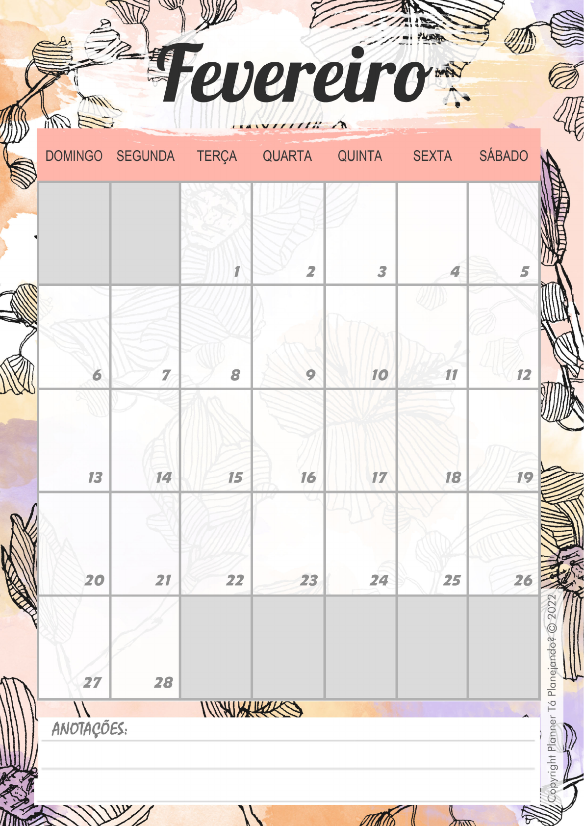 Planner Gratuito Floral 2022 Planner