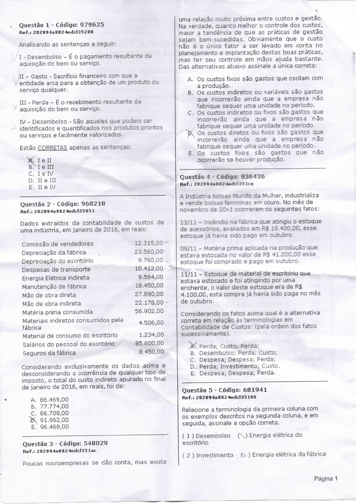 Prova De Contabilidade De Custos E Industrial Unopar