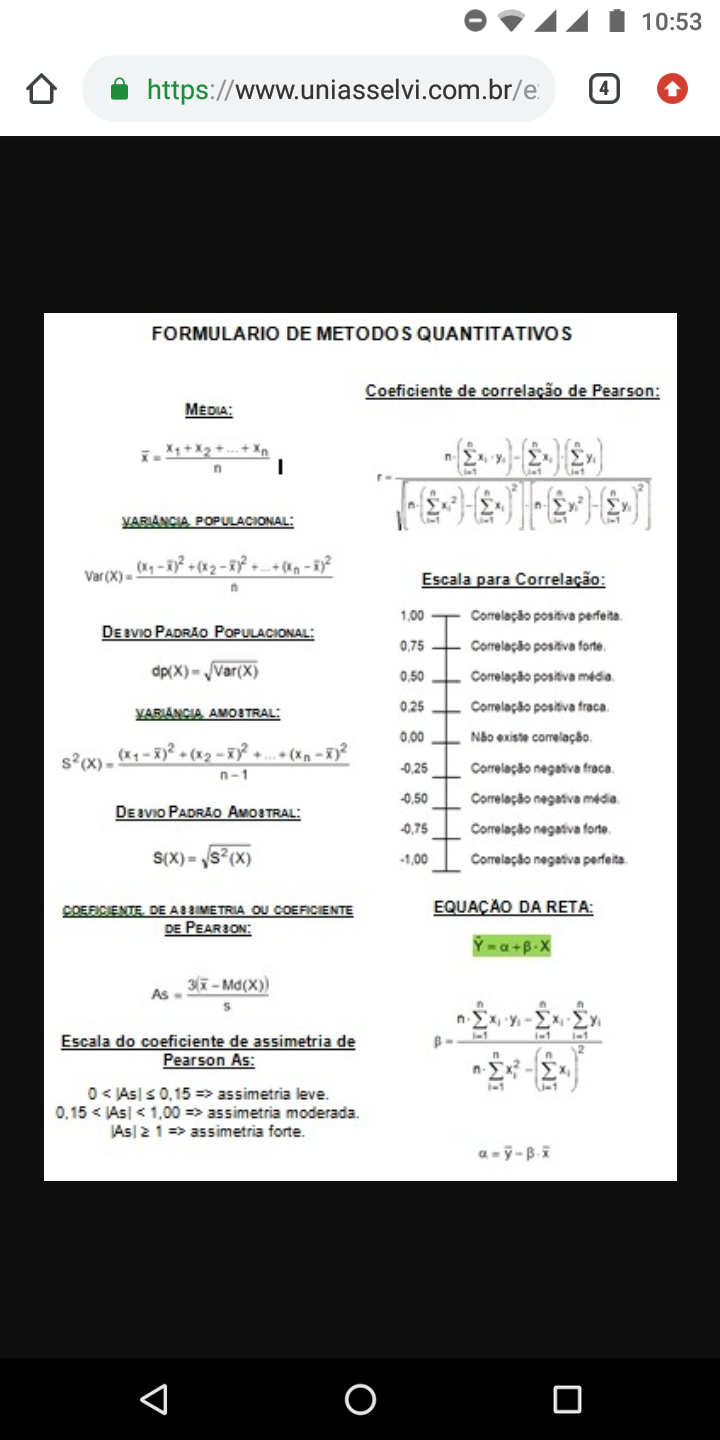 Formulário De Métodos Quantitativos - Métodos Quantitativos