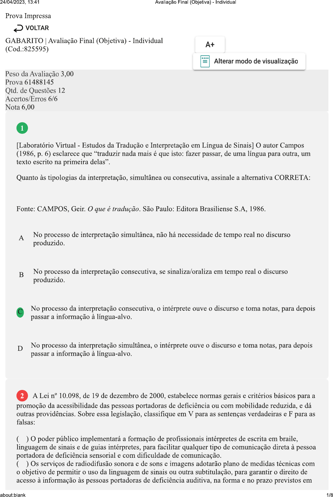 Prova 2 Estudos da Tradução e Interpretação em Língua de Sinais