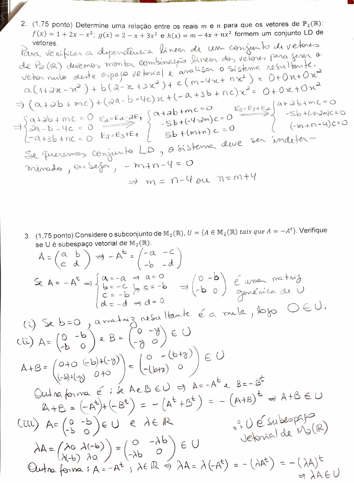 2017 - 2ºS - Gabarito P1 Algebra Linear - Algebra Linar