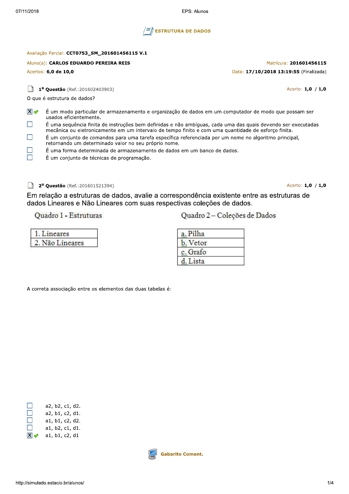 estrutura de dados prova 1 - Estrutura de Dados I