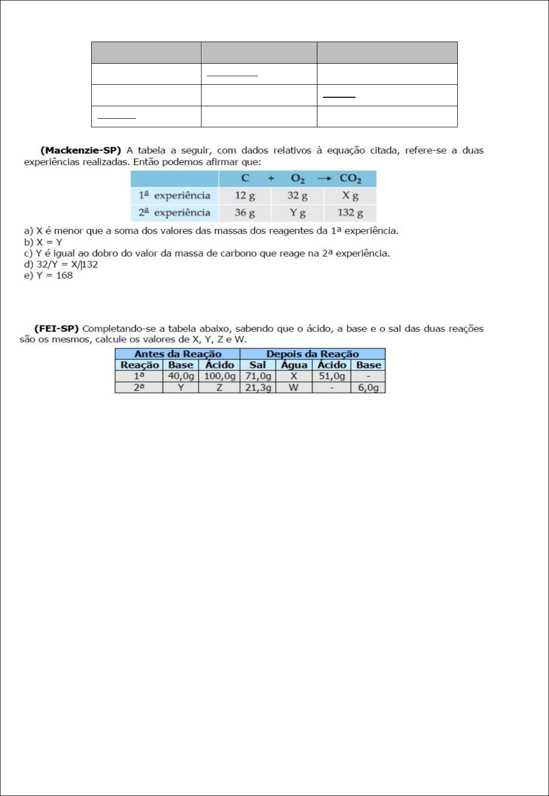 Leis Ponderais: Lei de Lavoisier. worksheet