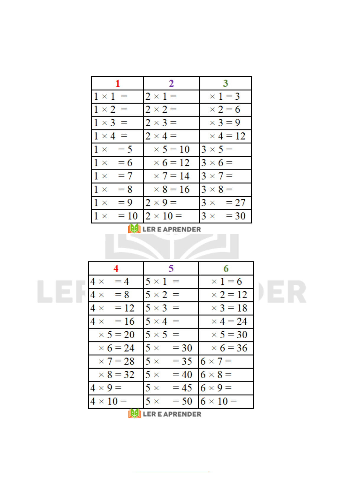 Tabuada para preencher  Tabuada de multiplicação, Fichas de exercícios de  matemática, Atividades de matemática