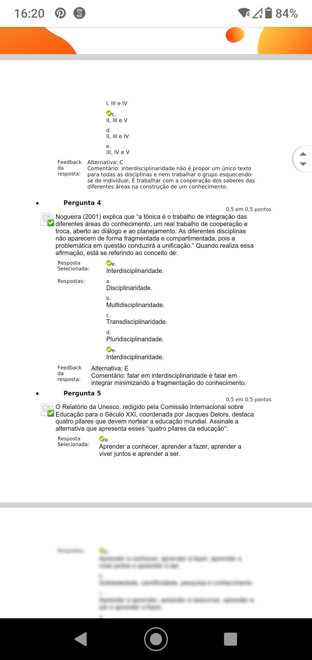 Questionário Unadade 1 Pedagogia Interdisciplinar - Pedagogia