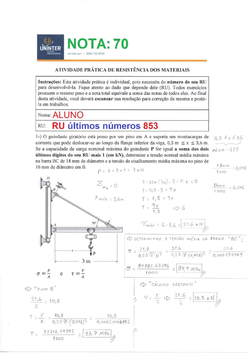 Atividade PrÁtica Resistência Dos Materiais Nota 70 Resistência Dos