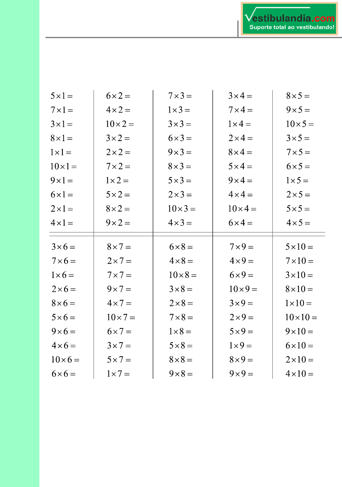 Tabuadas em Branco para Completar - Matemática