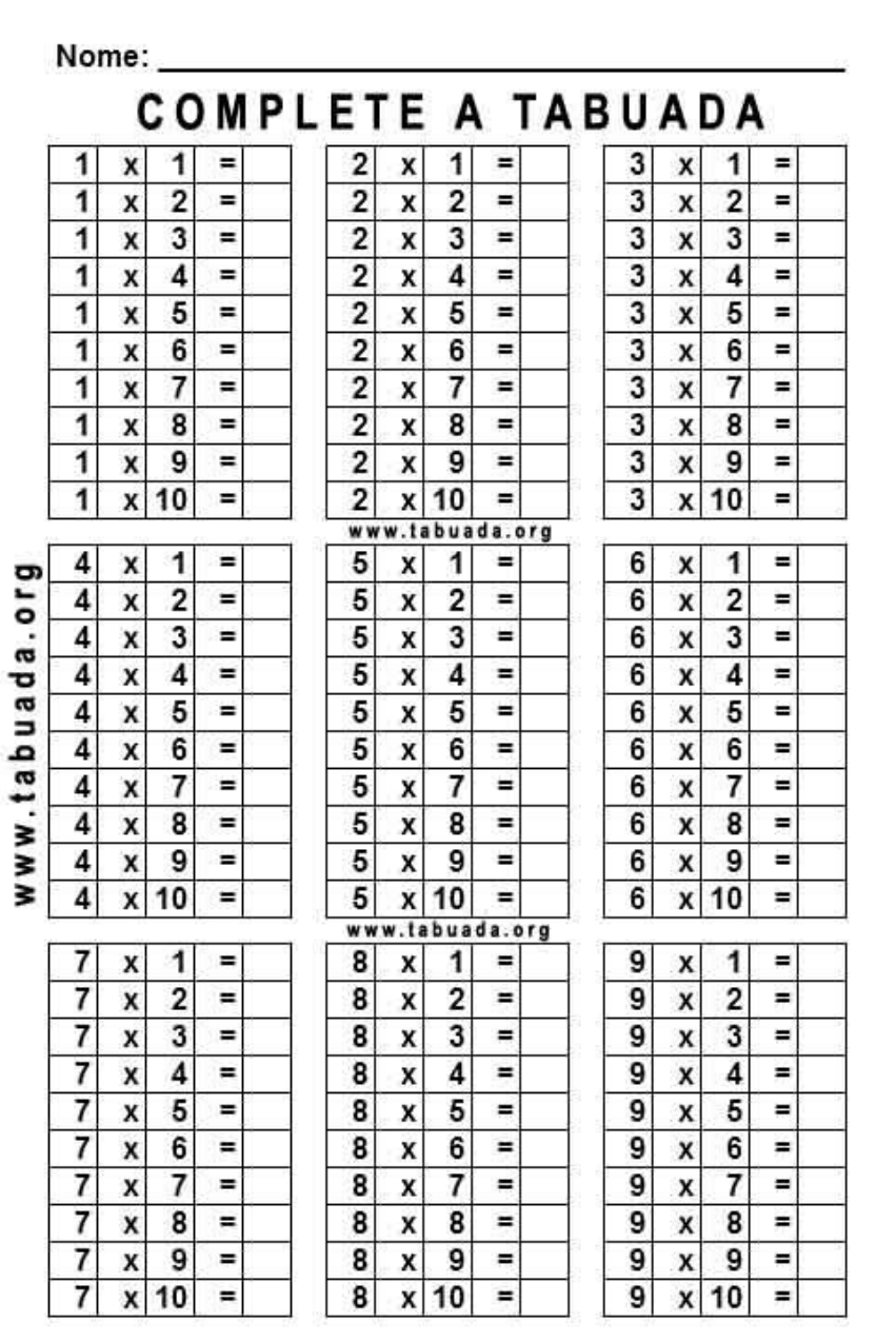 Terceiro Ano Questionários: Tabuada de Multiplicação