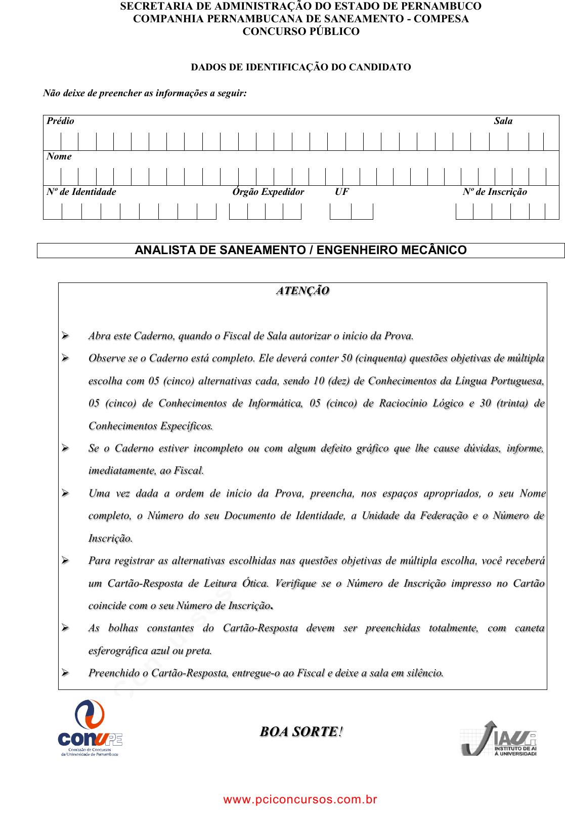 Prova COMPESA - UPENETIAUPE - 2013 - para Analista de Saneamento -  Engenheiro Mecânico.pdf - Provas de Concursos Públicos