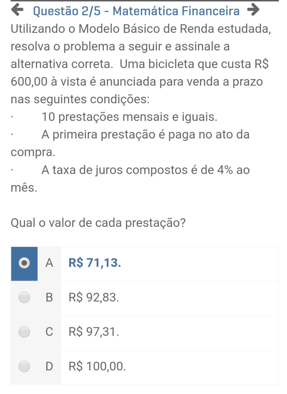 Apol 4 - Matematica Financeira - Matemática Financeira