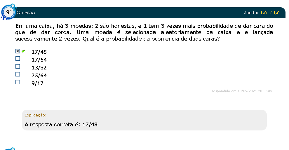 取引⭐️ その2 7/13まで Grátis: Questão 09 Em uma caixa, há 3 moedas 2 são honestas, e 1