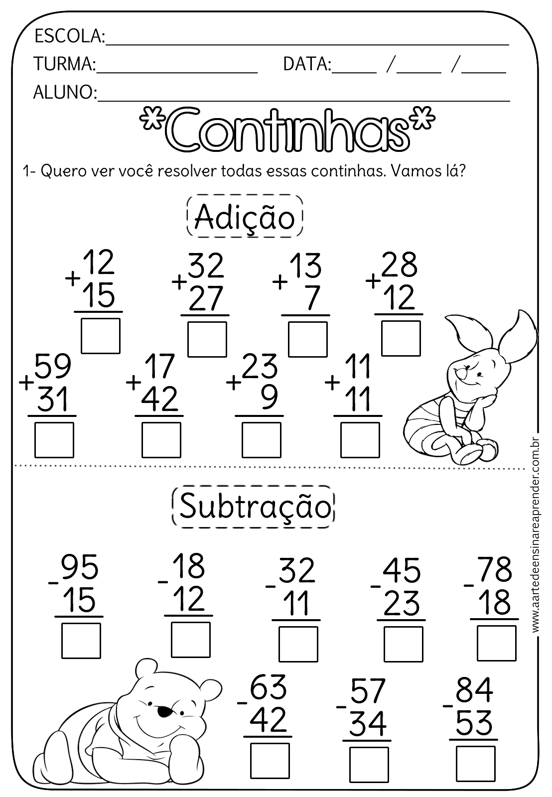 Atividades De Adição E Subtração Ano Para Imprimir EDUKITA