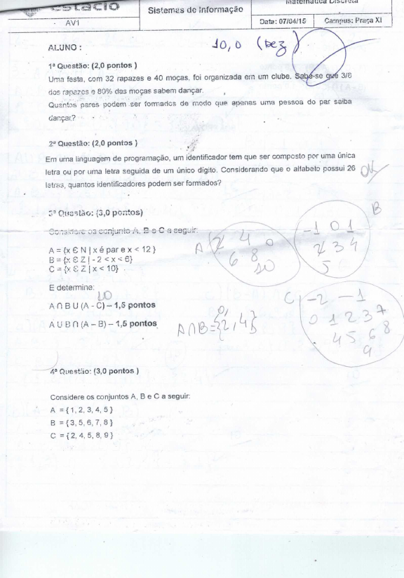 AVALIAÇÃO DE MATEMATICA DISCRETA AV1 - Matemática Discreta