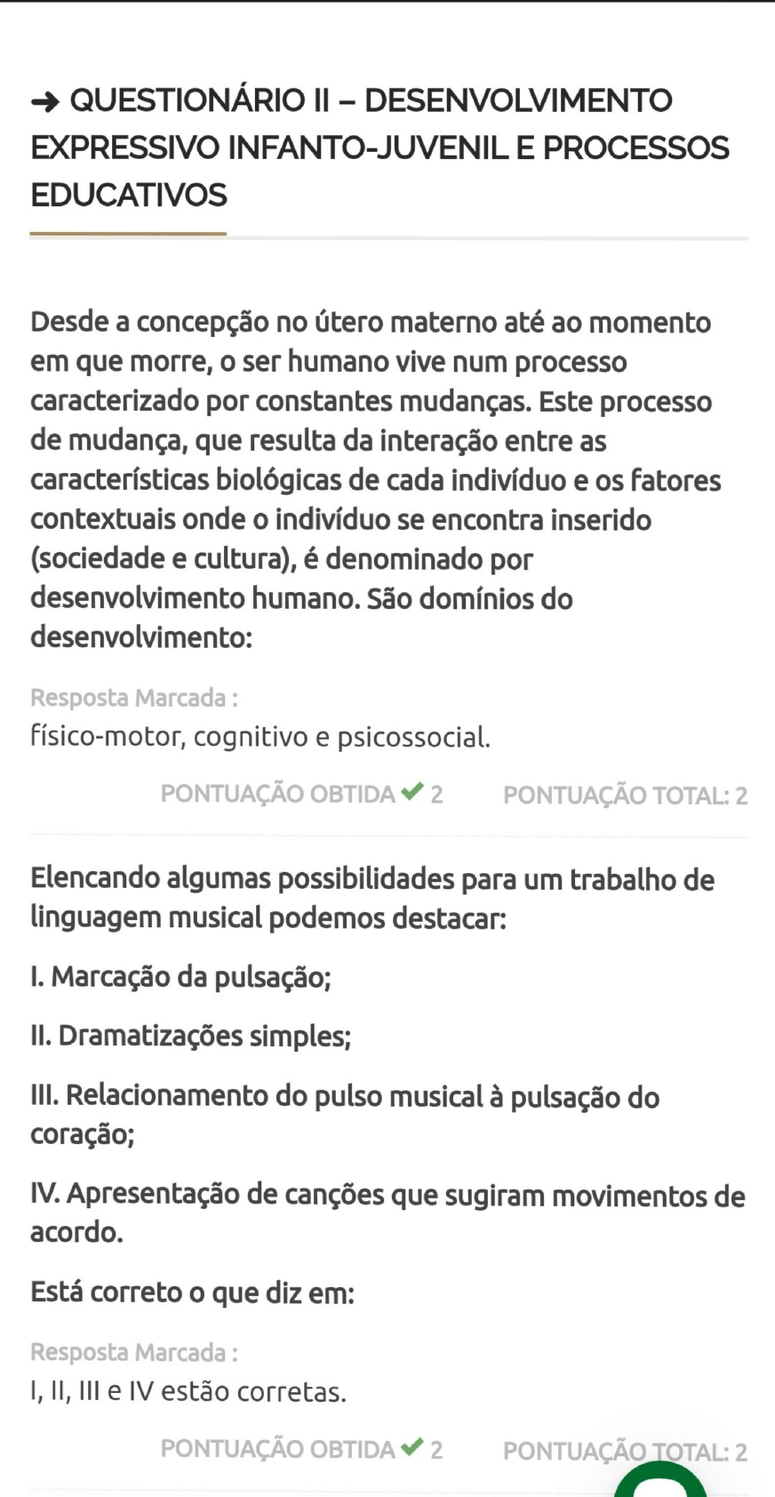 Questionário II Desenvolvimento Expressivo - Artes Visuais