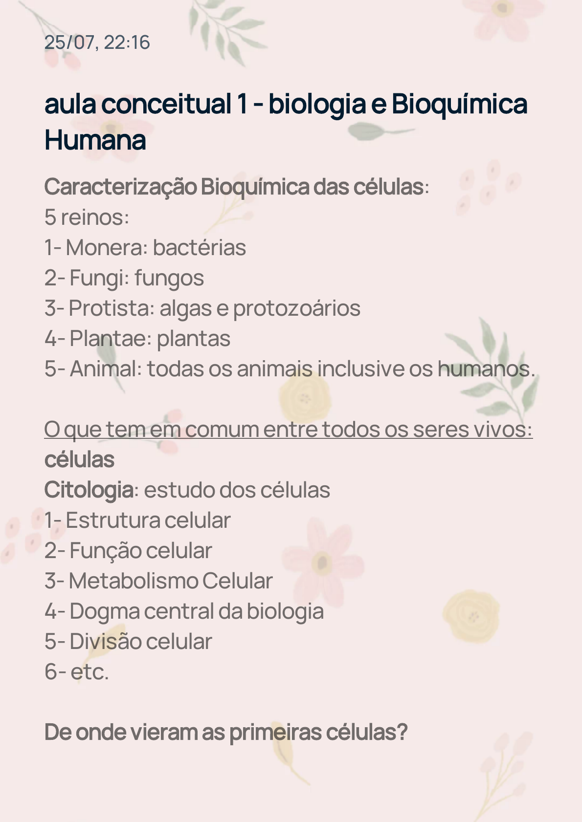 Noções de Bioquímica, Notas de aula Biologia