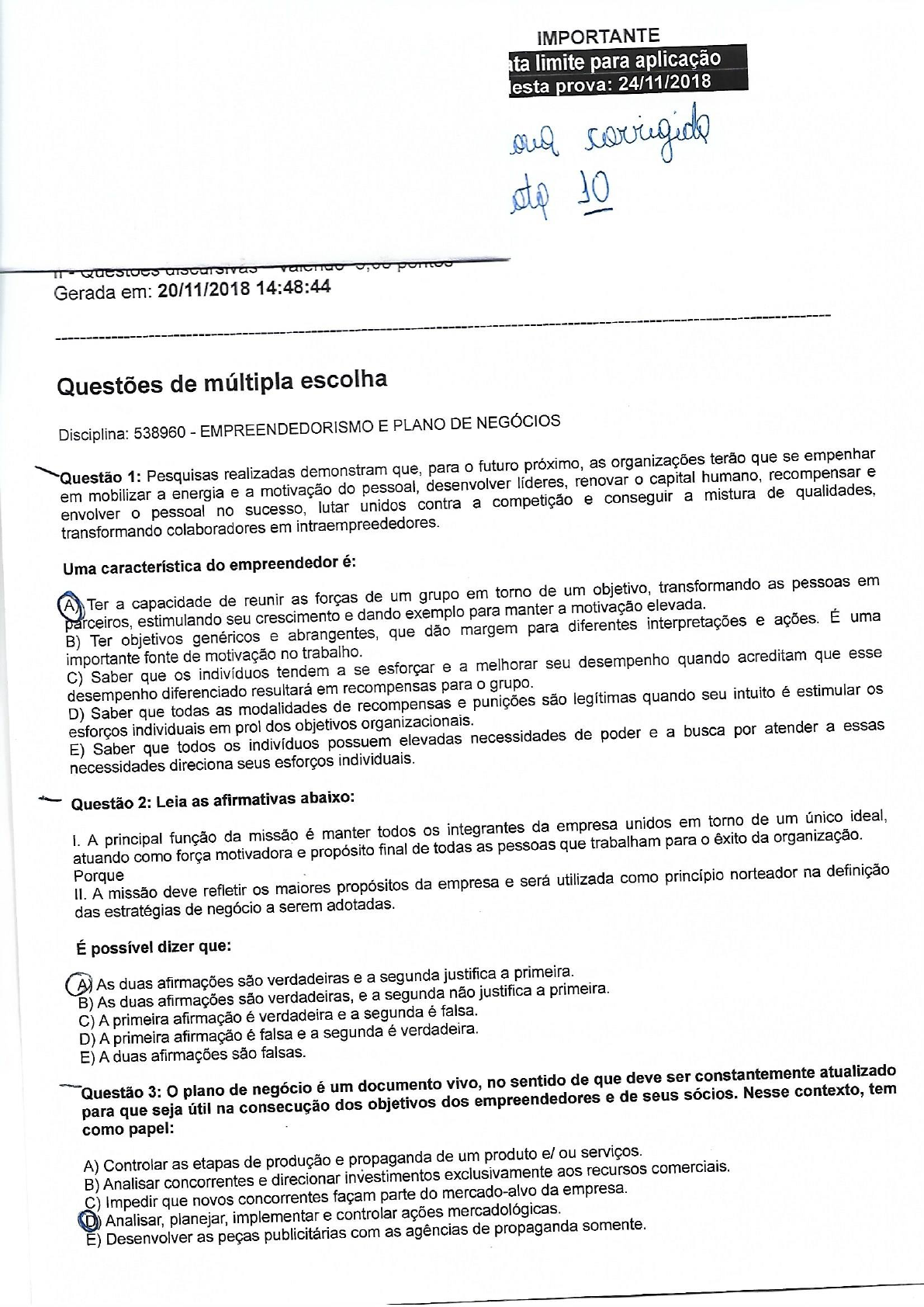 Prova Empreendedorismo E Plano De Negócios - Empreendedorismo E Plano ...