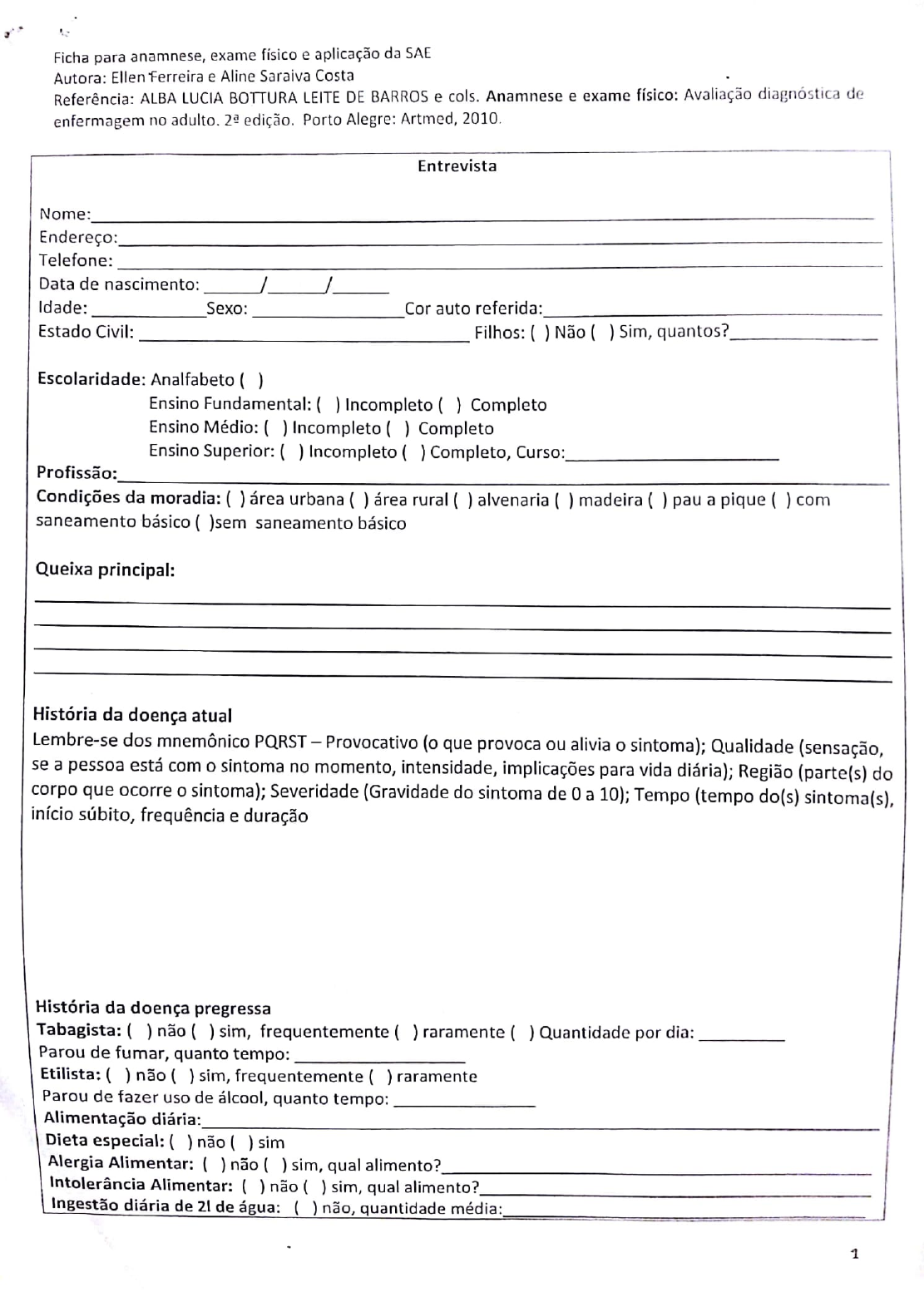 Processo de enfermagem e Roteiro para anamnese e Exame físico