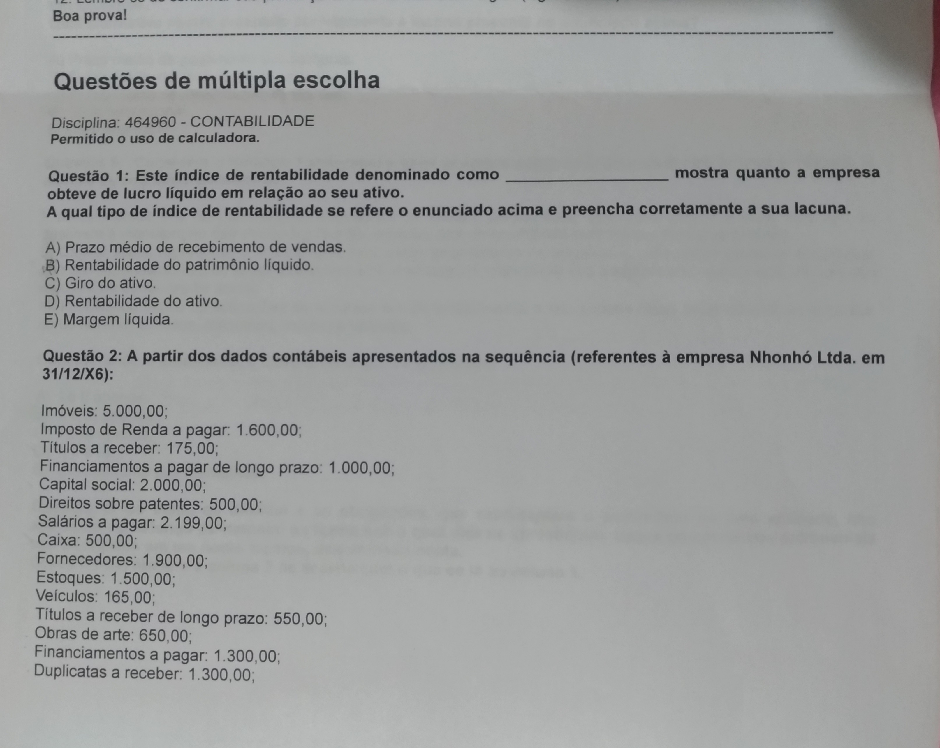 Prova Unip Contabilidade Parte Contabilidade Geral