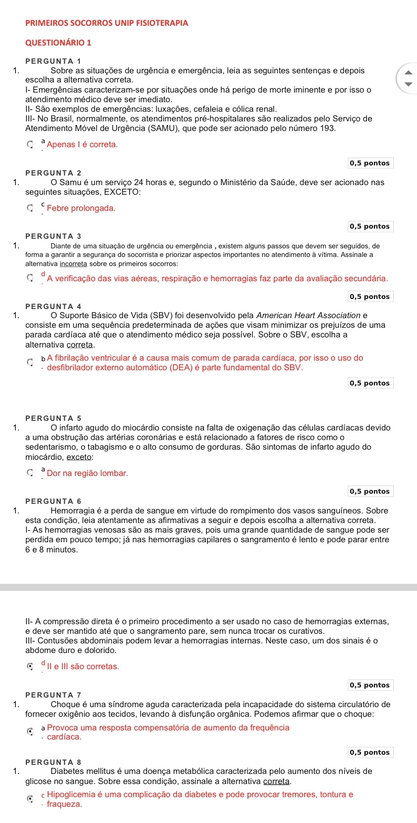 Questionário Primeiros Socorros Unip Unidade 1 - Primeiros Socorros