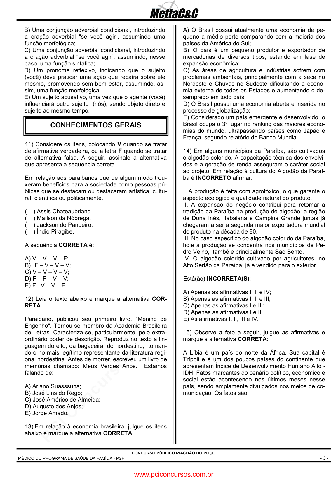 Prova Pref. Riachão do PoçoPB - METTA - 2011 - para Médico - PSF