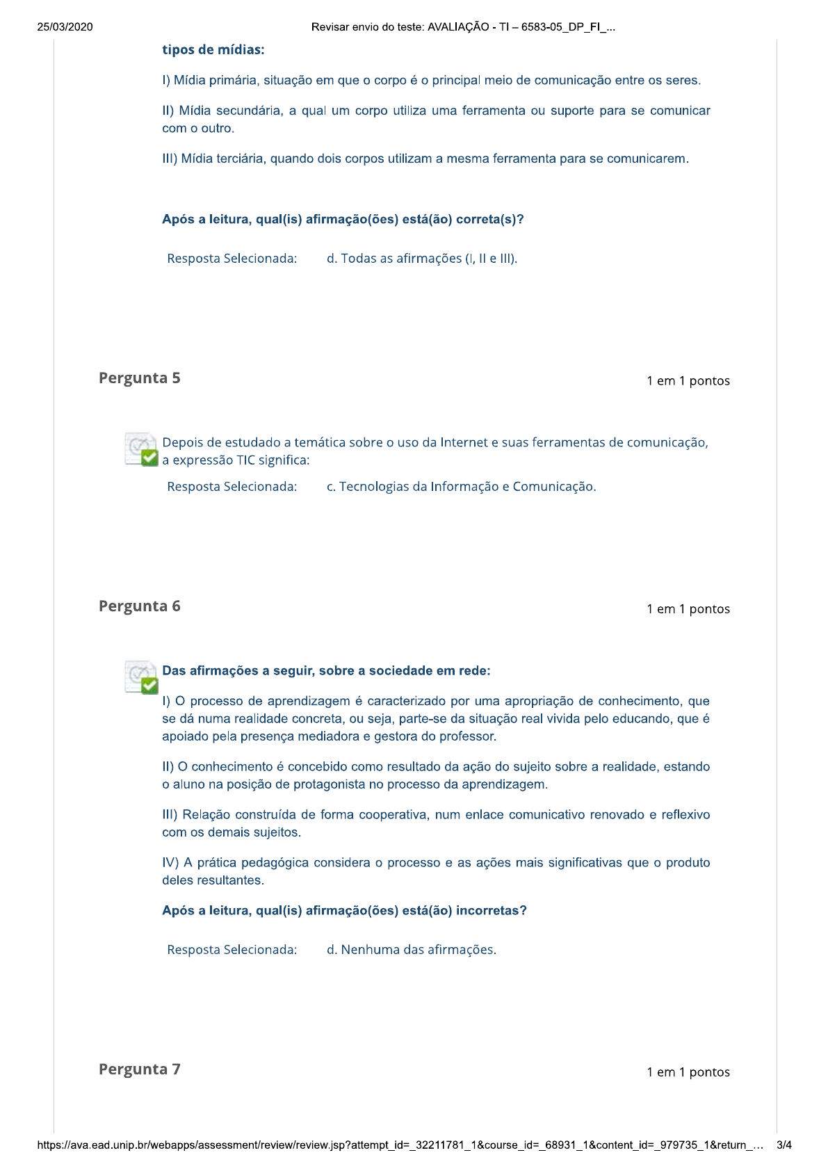 Avaliação TI - Estudos Disciplinares VII - Estudos Disciplinares VII Unip