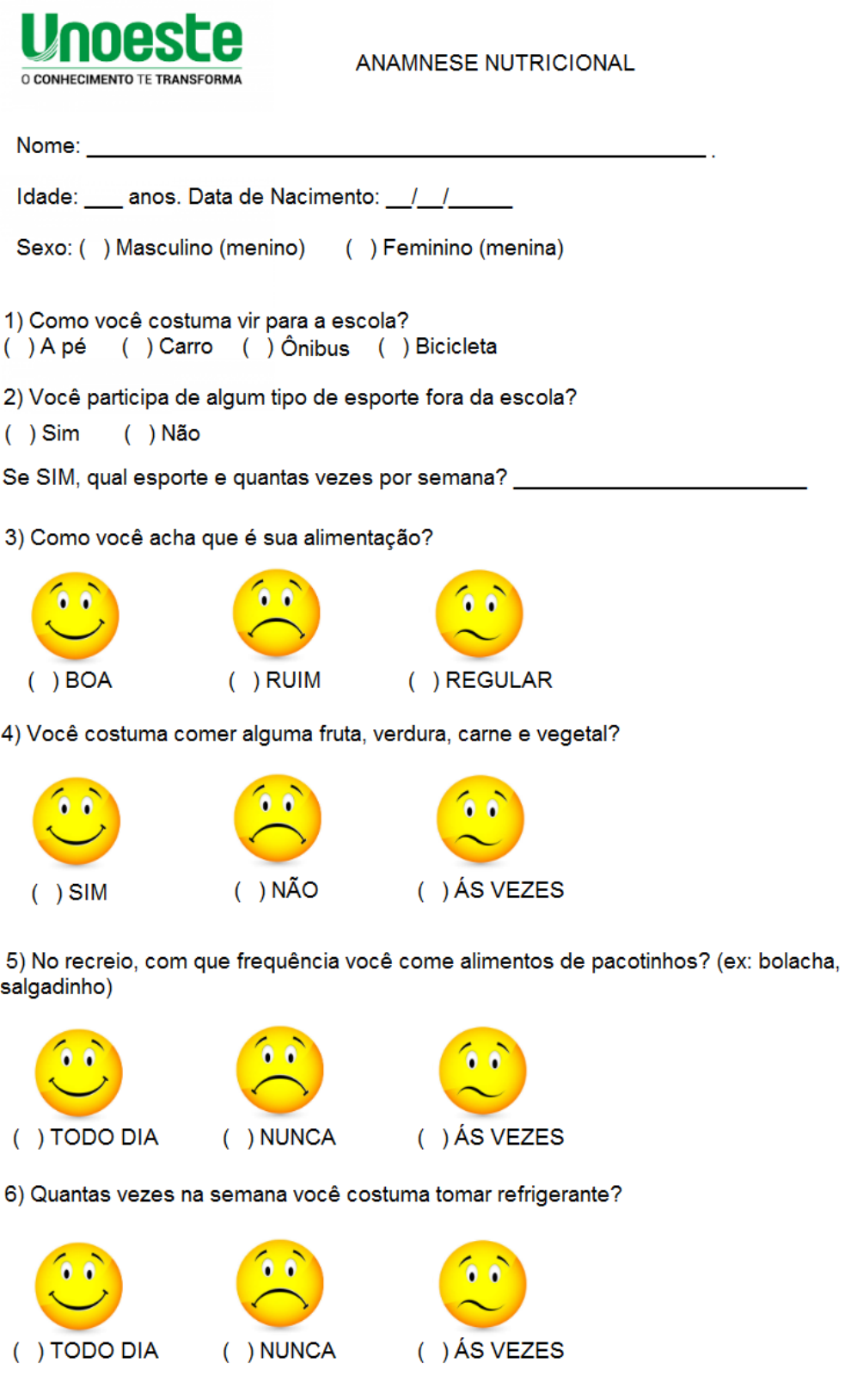 Anamnese Nutricional Infantil - Alimentação Escolar