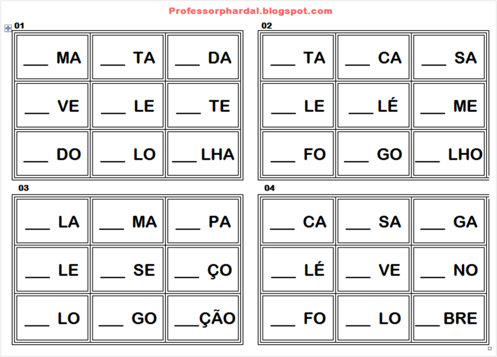 Cartelas bingo palavras - Pedagogia