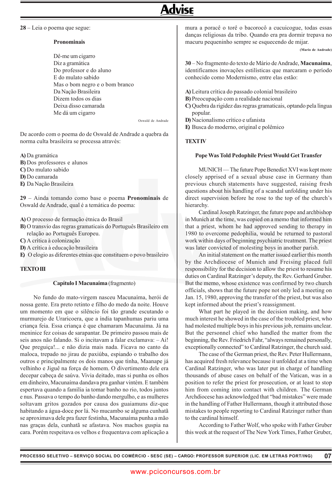 Prova SESCSE - ADVISE - 2010 - para Artífice de Manutenção - Pedreiro.pdf -  Provas de Concursos Públicos