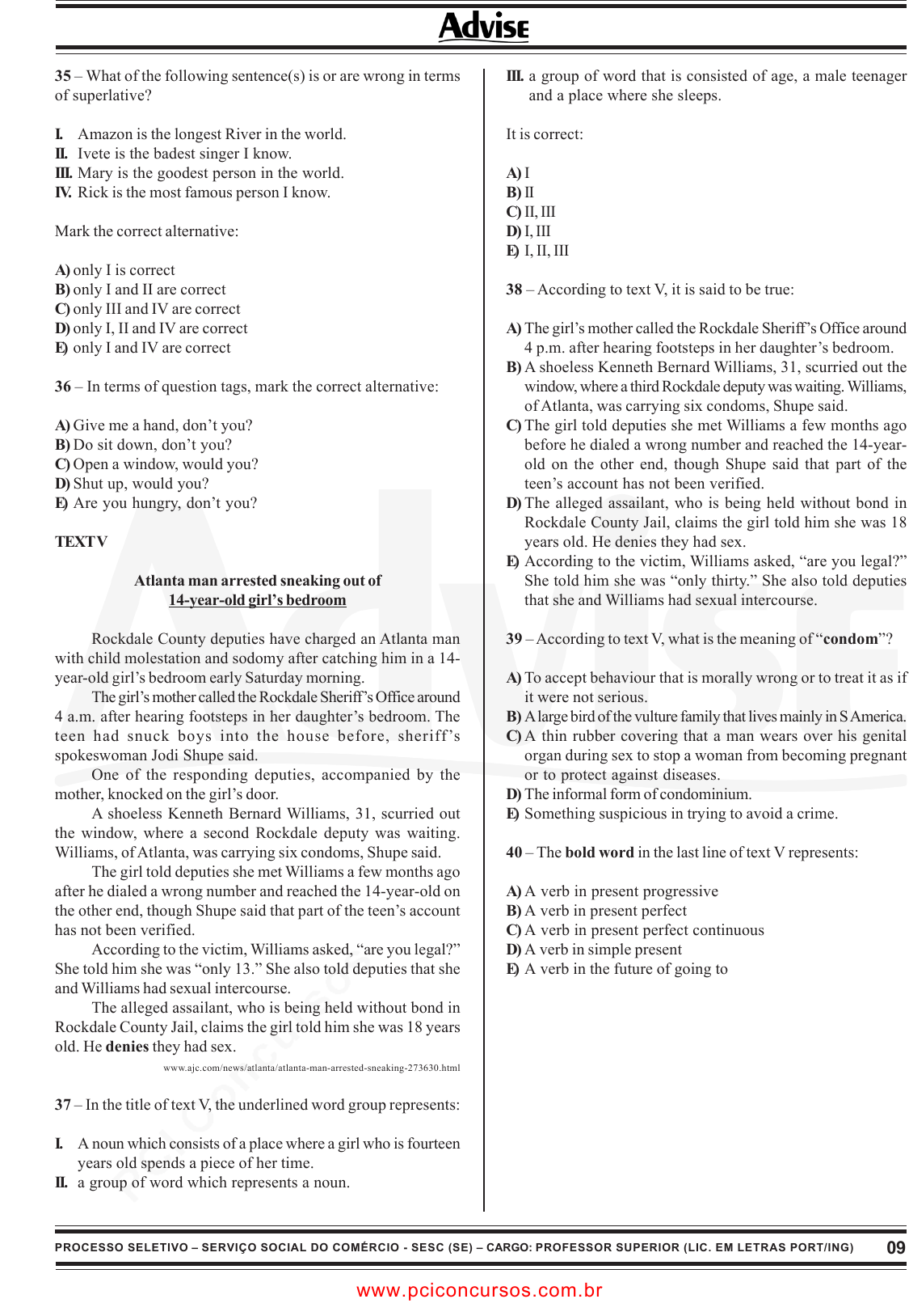 Prova SESCSE - ADVISE - 2010 - para Artífice de Manutenção - Pedreiro.pdf -  Provas de Concursos Públicos