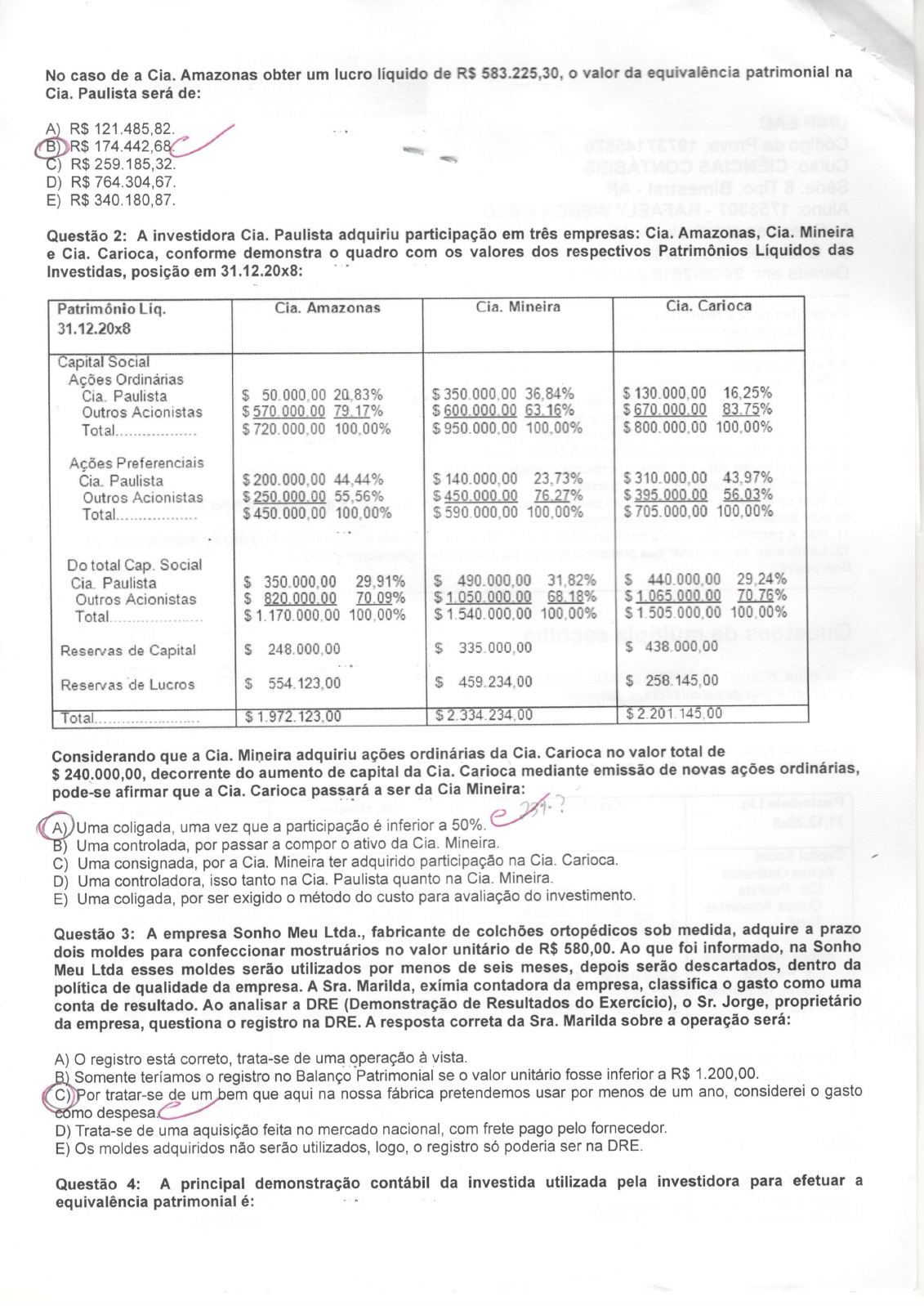 Prova Contabilidade Societ Ria Unip Provas