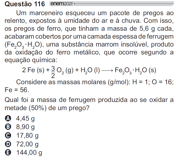 Um marceneiro esqueceu um pacote de pregos ao relento, Questão ENEM 2021 