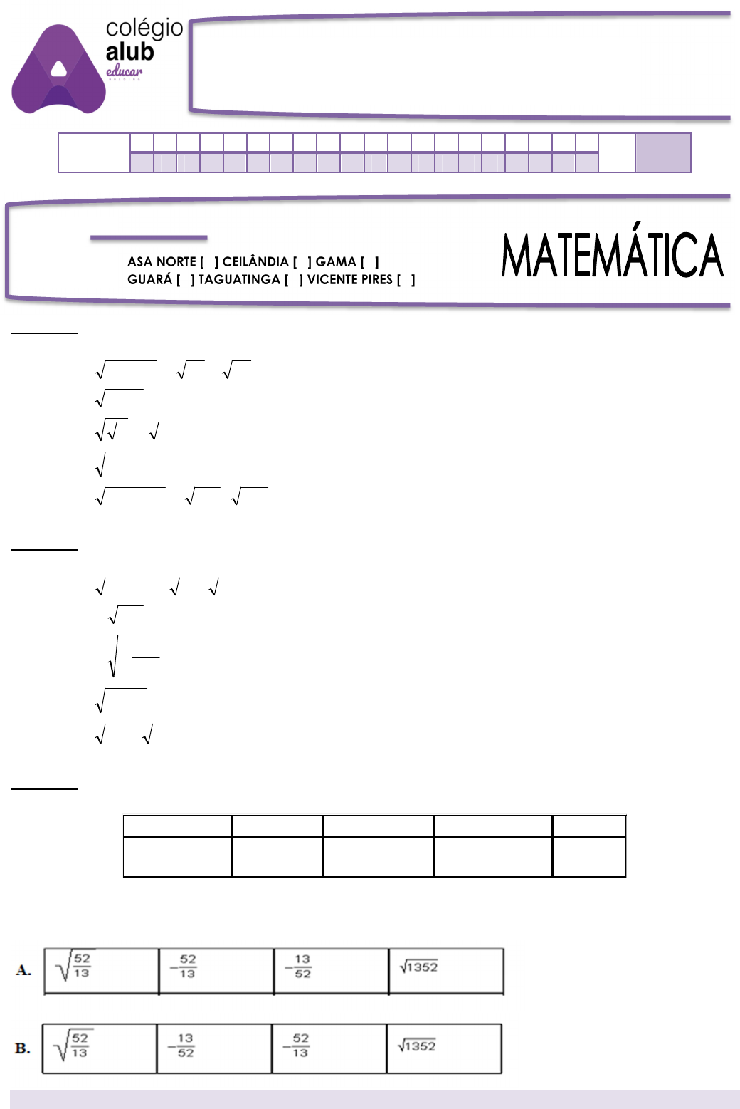 Exercícios Matemática - ALUB