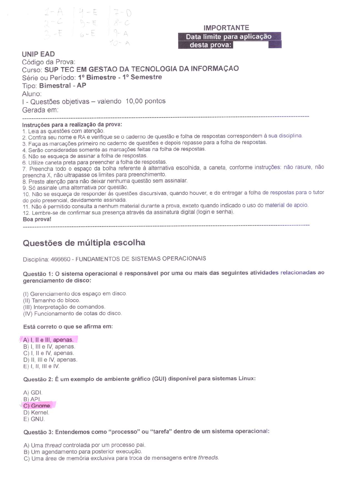 Prova Fundamentos De Sistemas Operacionais Presencial Unip Fundamentos De Sistemas Operacionais