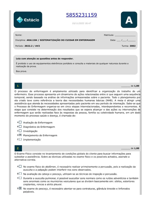 Estácio AV2 e AVD Sistematização do cuida