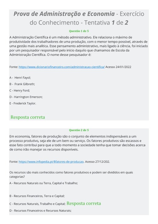 Prova de Administração e Economia - Exercício do Conhecimento - Tentativa 1 de 2