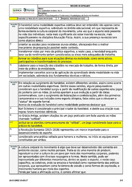 SIMULADO I A IV - Teoria e Prática Desportiva Fundamentos Metodológicos do Ensino do Handebol