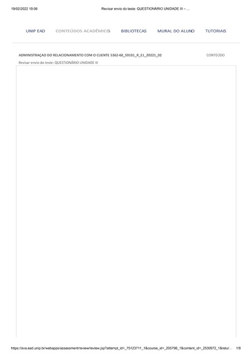 ADM E RELACIONAMENTO COM O CLIENTE QUESTIONÁRIO UNIDADE III _