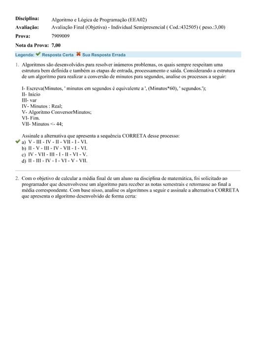 Avaliação Final (Objetiva) - Algoritmo e Lógica de Programação (EEA02)